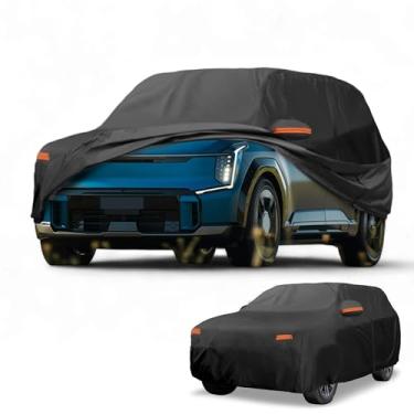 Imagem de Partuto Capa de carro à prova d'água para todos os climas, automotiva, externa, anti-UV, proteção solar e chuva, cobertura externa completa para Kia EV9 190T-PU preta com tiras refletoras