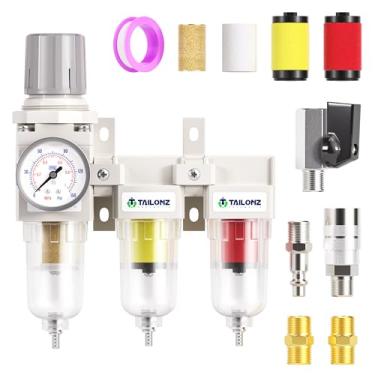 Imagem de TAILONZ PNEUMATIC Sistema De Secagem De Ar De 3 Estágios De 0-150 Psi 1/4 Pol. Npt, Filtro De Partículas, Regulador De Pressão Do Filtro De Ar Combinado Piggyback, Filtro De Compressor De Ferramenta