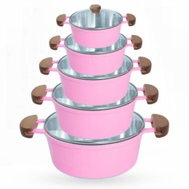 Imagem de Jogo de Panelas 5 Peças De Alumínio Fundido Com Alça De Madeira e Tamp