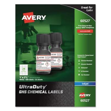 Imagem de Avery Etiquetas químicas GHS UltraDuty para impressoras a jato de tinta pigmentada, impermeável, resistente a UV, 1 x 2,5, pacote com 600 (60527)