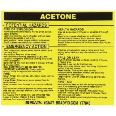 Imagem de Brady 93477, Etiqueta do material perigoso: Ponto 5800.4-1987, 9,5 cm de altura x 11,5 cm de largura, preto em amarelo, legenda "acetona" (25 por embalagem)