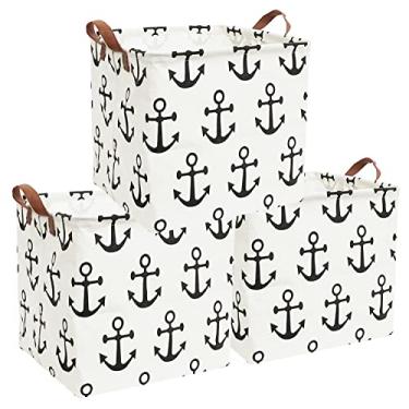 Imagem de Essme Pacote Com 3 Cestos Quadrados De Armazenamento Essme, Roupa Suja Tecido Algodão, Cesto Brinquedos Dobrável À Prova D'Água Alças Para Familiar, Prateleira, Quarto (Pacote Âncoras)