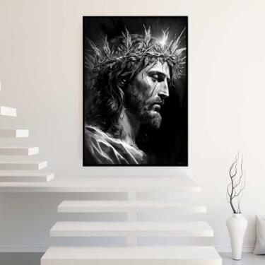 Imagem de Quadro com Moldura Jesus Coroa de Espinho Preto e Branco Decorativo Grande Sala Quarto Hall