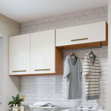 Imagem de Armário Aéreo Lavanderia França 3 Portas Nature/Off White - Kaiki Móve