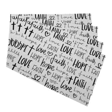Imagem de Y YIHANGBEST Hope Faith Love Jogo americano de linho tapetes de jantar letras textos Blessed Wipeable conjunto de 4 jogos americanos protetores de mesa internos antiderrapantes, 30,5 x 45,7 cm