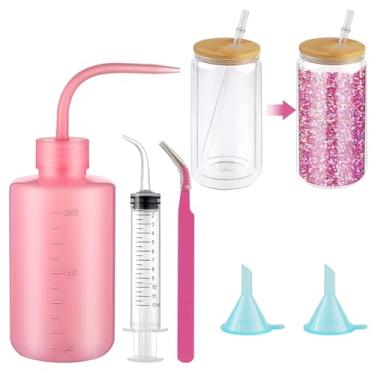 Imagem de HCEWSBFD Pacote com 7 suprimentos de globo de neve para glitter com tampa, 2 peças de copo de globo de neve pré-perfurado, frasco de plástico para apertar pequeno funil, seringa dobrada para fazer