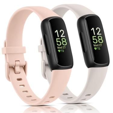 Imagem de Pacote com 2 pulseiras compatíveis com Fitbit Inspire 3 pulseiras para mulheres e homens, alças de substituição ajustáveis de silicone esportivo para Fitbit Inspire 3 Fitness Tracke (areia rosa)