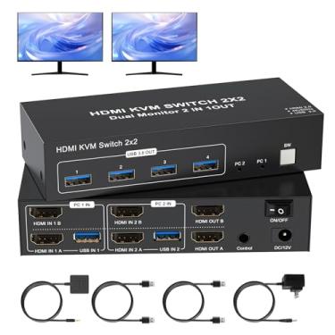 Imagem de TaiLaiEra Switch Hdmi Kvm 4K Para 2 Monitores, Computadores A 60 Hz, Comutador De Monitor Duplo, Tela Estendida Compartilhamento Porta, 4 Hubs Usb 3.0, Teclado, Mouse, Discos Rígidos, Impressora Com
