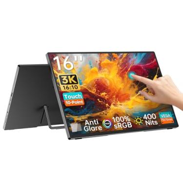 Imagem de Intehill Monitor de tela sensível ao toque portátil de 16 polegadas 3K, tela sensível ao toque 16:10 com vidro temperado, monitor de viagem 100% sRGB com suporte ajustável, alto-falantes, segunda tela