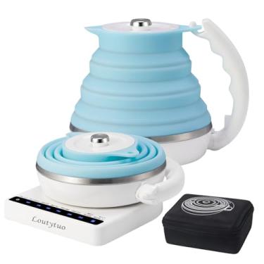 Imagem de Chaleira elétrica dobrável de silicone de grau alimentício ultrafina, controle de temperatura variável com bolsa de viagem, voltagem dupla e desligamento automático e proteção contra fervura a seco e