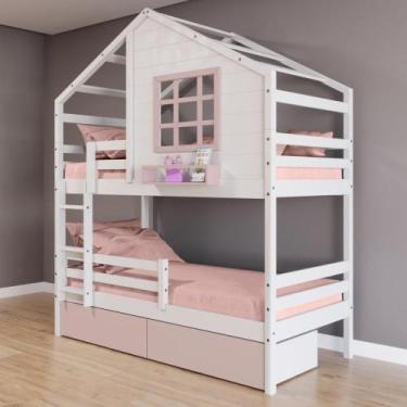 Imagem de Beliche Casinha com Janela 02 Gavetas Rosa e Grade de Proteção Madeira