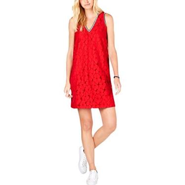 Imagem de Tommy Hilfiger Vestido feminino de renda floral sem mangas com decote em V, Escarlate, G