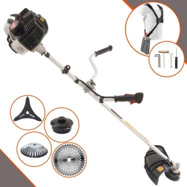 Imagem de Roçadeira À Gasolina Kawashima KW52-LE 52cc 2,5HP 10.000rpm Motor 2T Com Lâmina 3 Pontas + Lâmina 40 Dentes Vídea + Escova de Aço + Carretel de Nylon