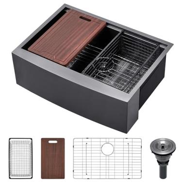 Imagem de Pia de cozinha preta de 30 casas de fazenda, Doirteal 76 x 55 cm sob montagem para estação de trabalho com pias embutidas, avental frontal para pias de fazenda, pia de cozinha preta com acessórios