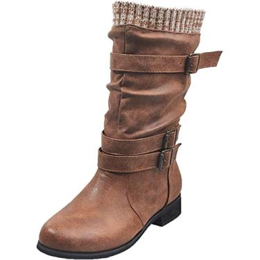 Imagem de Botas femininas de cano longo com fivela e salto baixo, botas de neve quentes de couro PU para uso ao ar livre, Marrom, 41 BR