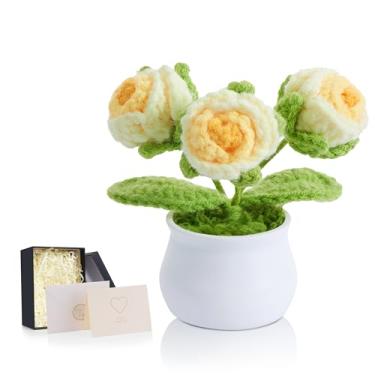 Imagem de LAIDANLA Flores de crochê gradiente rosas amarelas mini vasos de plantas feitas à mão apreciação dia dos namorados aniversário presentes de aniversário para mulheres flor de malha para painel de carro