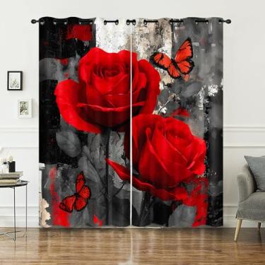 Imagem de AILONEN Cortina de janela rosa vermelha, cortina de janela floral e borboleta com pintura a óleo para meninas e mulheres, romântica 3D rosa vermelha com ilhós, conjunto de 2 painéis, 107 cm L x 160 cm