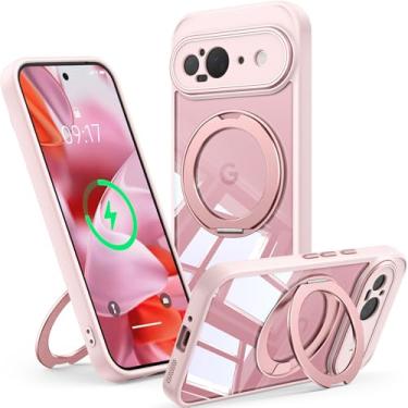 Imagem de 【Suporte magnético giratório de 360°】 Capa para Google Pixel 9 【Apto para MagSafe e Pixelsnap】 Capa com suporte de anel 【transparente sem cristal amarelo】 Capa para celular com proteção para câmera