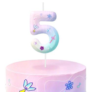 Imagem de Velas de aniversário rosa número 5, topos de bolo com tema de desenho animado para decoração de bolo para meninos e meninas, decorações de aniversário, suprimentos de festa, velas numéricas para