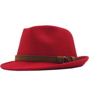 Imagem de Chapéu feminino masculino de feltro panamá jazz chapéu Manhattan estrutura aba curta retrô Fedora vermelho 55-58 cm