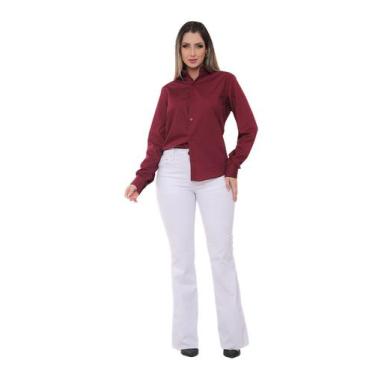 Imagem de Kit Feminino 2 Peças - Camisa Social Feminina Slim Vinho e Calça Flare