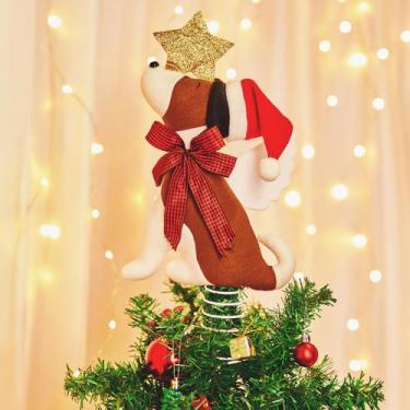 Imagem de Cachorro Brightown Brown Topper para árvore de Natal com chapéu e asas