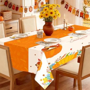 Imagem de CartaChic Toalha de mesa descartável de plástico de Ação de Graças, pacote com 3 – Decorações de mesa de outono para casa com abóbora e peru – Toalhas de mesa de outono de 137 x 272 cm para jantar de