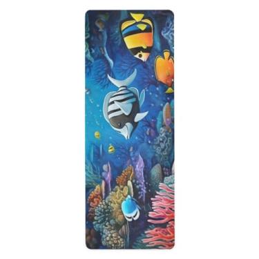 Imagem de Wassud Tapete de ioga colorido de recife de peixe para mulheres e homens, 180 x 66 cm, tapete de fitness antiderrapante dobrável para pilates, aeróbica, exercícios de chão com bolsa de armazenamento