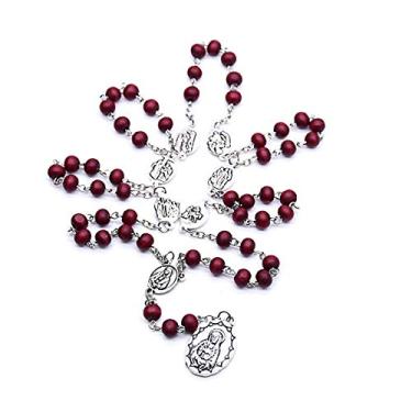 Imagem de Terço de madeira feito à mão com crucifixo de resina colar com pingente de corrente com coração de amor colorido e cruz católica, Virgem Maria Jesus para mulheres, Meninas, Meninas, Meninos, Senhor Religioso, Joia de presente, Madeira Metal, madeira,