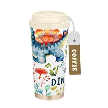 Imagem de YETTASBIN Caneca de café de viagem com isolamento térmico de dinossauro de 500 ml com canudo, copo à prova de vazamento e vazamento com alça para bebida quente e fria, garrafa de água de aço
