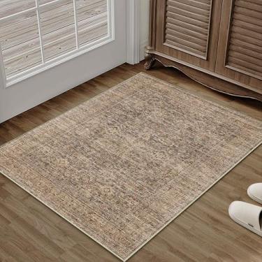 Imagem de PureCozy Tapete de área marrom 5 x 7 cm lavável à máquina tapete de porta de entrada vintage envelhecido tapete antiderrapante interior pequeno pilha baixa fina cozinha banheiro retro destaque tapete