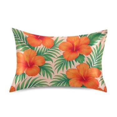 Imagem de Fronhas de cetim legais refrescantes personalizadas padrão queen king fronhas de cama queen size 76,2 cm x 50,8 cm flores de hibisco tropicais folhas verdes