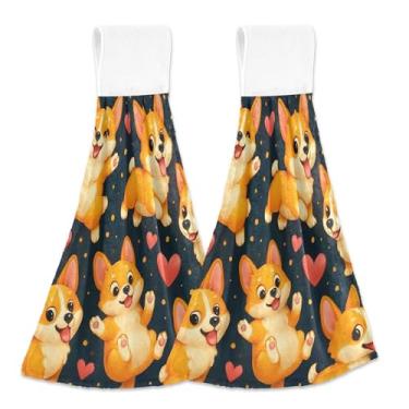 Imagem de Toalhas de mão fofas de cachorro de desenho animado com laço para pendurar toalhas de dedo absorventes de forno conjunto de 2, toalha de prato decorativa personalizada para cozinha 18,2 x 14 polegadas