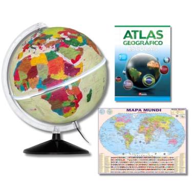 Imagem de GLOBO TERRESTRE FÍSICO HISTÓRICO LUMINOSO BASE PRETA 30CM + MAPA MUNDI + ATLAS GEOGRÁFICO