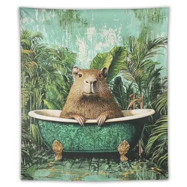 Imagem de Linda capivara na banheira tapeçaria de banheiro verde tropical pendurado na parede humorístico roedor decoração de arte para crianças banheiro tema selva spa vaidade casa decoração de parede presente