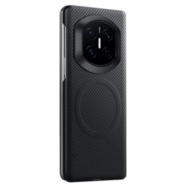 Imagem de POYUFRG Capa magnética para Huawei Mate X7, capa fina de couro com padrão de fibra de carbono de negócios de luxo para janela de visualização inteligente, capa para celular, preta, Mate X7