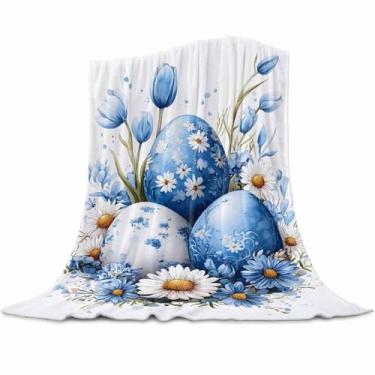 Imagem de Cobertor de ovos de Páscoa, decoração de primavera, férias, flores azuis, brancas, leve, quente, macio e mantas aconchegantes para sofá-cama, sofá 101,6 cm x 127 cm