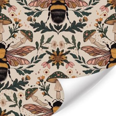 Imagem de HLNIUC Papel de parede vintage de cogumelo de abelha descasque e cole 43 cm x 38 cm, papel de contato com abelhas e flores, papel de parede de abelha de mel, cogumelo botânico, mural de parede retrô