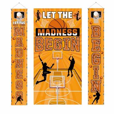 Imagem de Decoração de festa de basquete, 3 peças, Let The Madness Begin, banner de porta de basquete, placa de varanda para uso interno e externo, loucura, artigos de festa de basquete