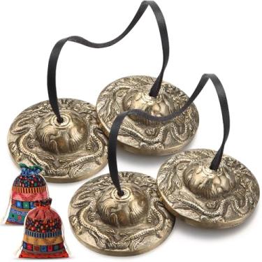Imagem de Foilswirl 2 peças de pratos tibetanos Tingsha com 2 peças de sacos tibetanos de tecido com cordão de meditação sinos de meditação 6,5 cm acessório de meditação feito à mão para cura de som de ioga