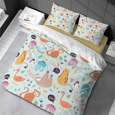 Imagem de Jogo de capa de edredom fofo macaco pinguim desenho king size leopardo animal da selva colorido conjunto de três peças 220 x 240 cm -80 x 80 cm * 2