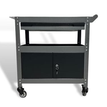 Imagem de Carrinho de ferramentas de rolamento mecânico, carrinho utilitário industrial de metal sobre rodas, com gaveta e armários com trava, para armazém de oficina de reparo de garagem