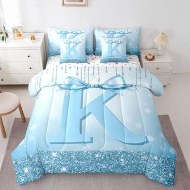 Imagem de Erosebridal Conjunto de edredom queen com laço azul feminino para crianças, adolescentes | Cama com letra K em uma bolsa com laço, moderno, coquete, conjunto de cama de 7 peças, lindo conjunto de