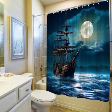 Imagem de Cortina de chuveiro navio pirata náutico costeiro velejador oceano aventura lua cheia céu noturno nublado conjunto acessórios de banheiro poliéster com gancho 170x170 cm A