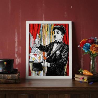 Imagem de Quadro Charlie Chaplin Fendo Mágica 45X34Cm Mold Branca - Quadros On-L