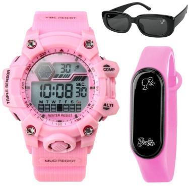 Imagem de Relogio Digital Prova Dagua Rosa Infantil + Oculos Sol Esportivo Silicone Alarme Cronometro Criança