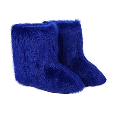 Imagem de TangDao Botas coloridas de pele sintética para mulheres, felpudo, felpudo, bico redondo, camurça, inverno, confortável, pelúcia, quente, curto, botas de neve, botas de cano médio para ambientes externos e internos, Azul marino, 10.5