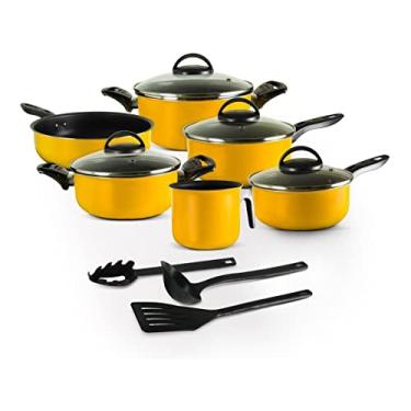 Imagem de Conjunto de Panelas Antiaderente 9 Peças Amarelo com Tampa de Vidro e Utensílios Trofa