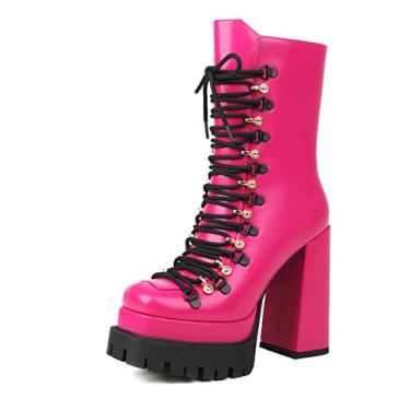 Imagem de Botas femininas plataforma tornozelo botas góticas grossas bloco salto alto punk com cadarço motocicleta botas de combate,Pink,4 UK/37 EU