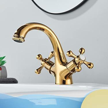 Imagem de Torneira da pia do vaso de alça dupla montada no convés de latão antigo torneira do lavatório do banheiro torneira misturadora de água quente e fria, dourada